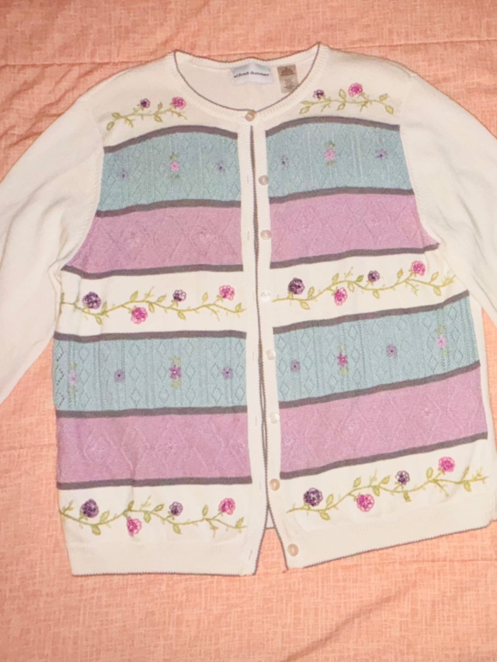 Vintage Alfred Dunner Floral Embroidered White Purple Pink Blue Button Sweater M